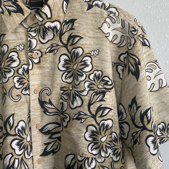Massini Mens Large Floral Button Up Shirt Short Sleeve Hawaiian Tan Cream - Picture 5 of 7